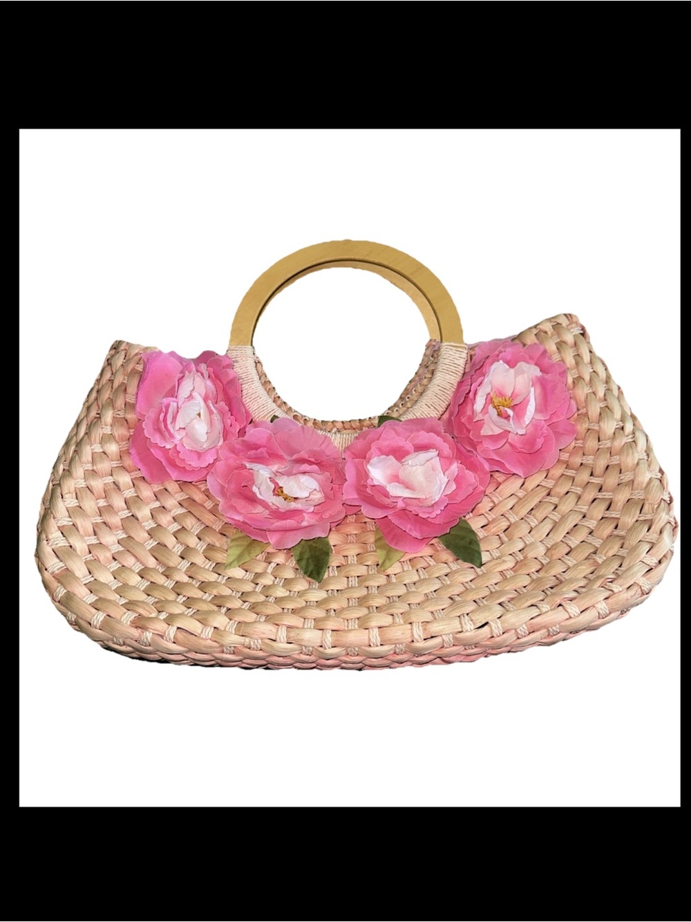 Handmade Straw Handbag Pink Floral Embellishments & Wooden Handle Boho Ombré